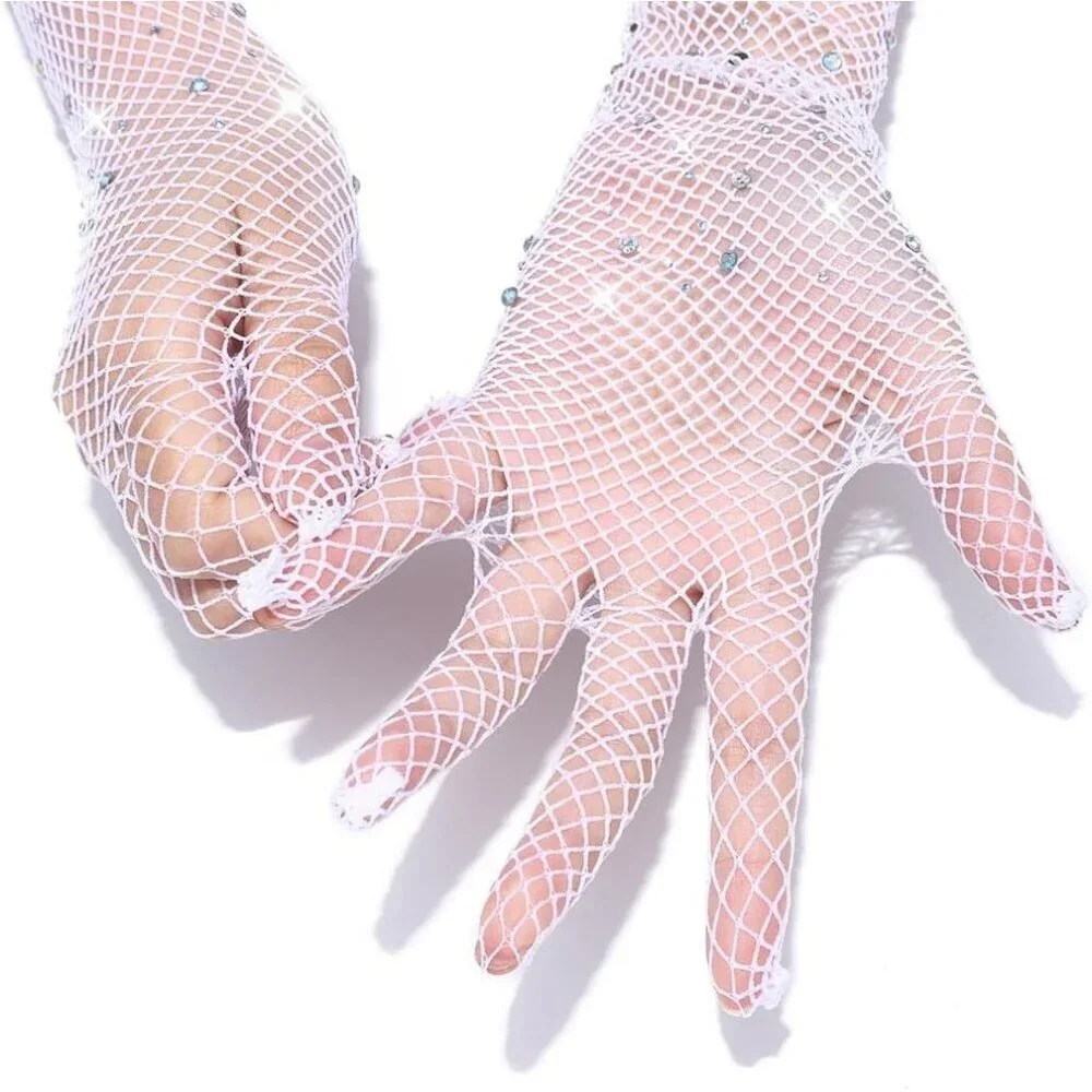Women's Rhinestone Mesh Rave White Long Gloves Elbow Length Halloween Costume